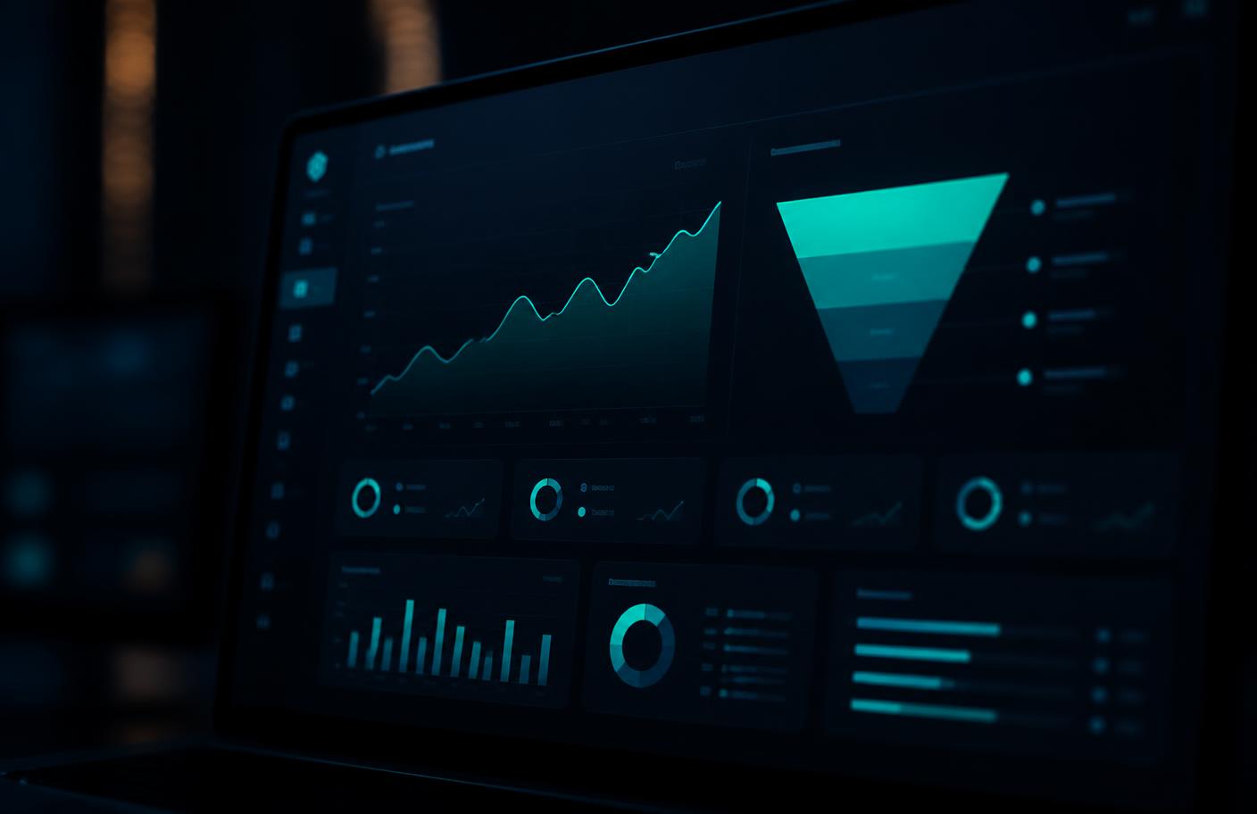 Dark analytics dashboard with glowing turquoise charts and funnel metrics